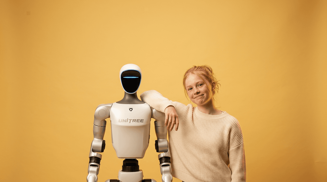 Unitree G1 humanoid standing beside a person against a warm amber backdrop