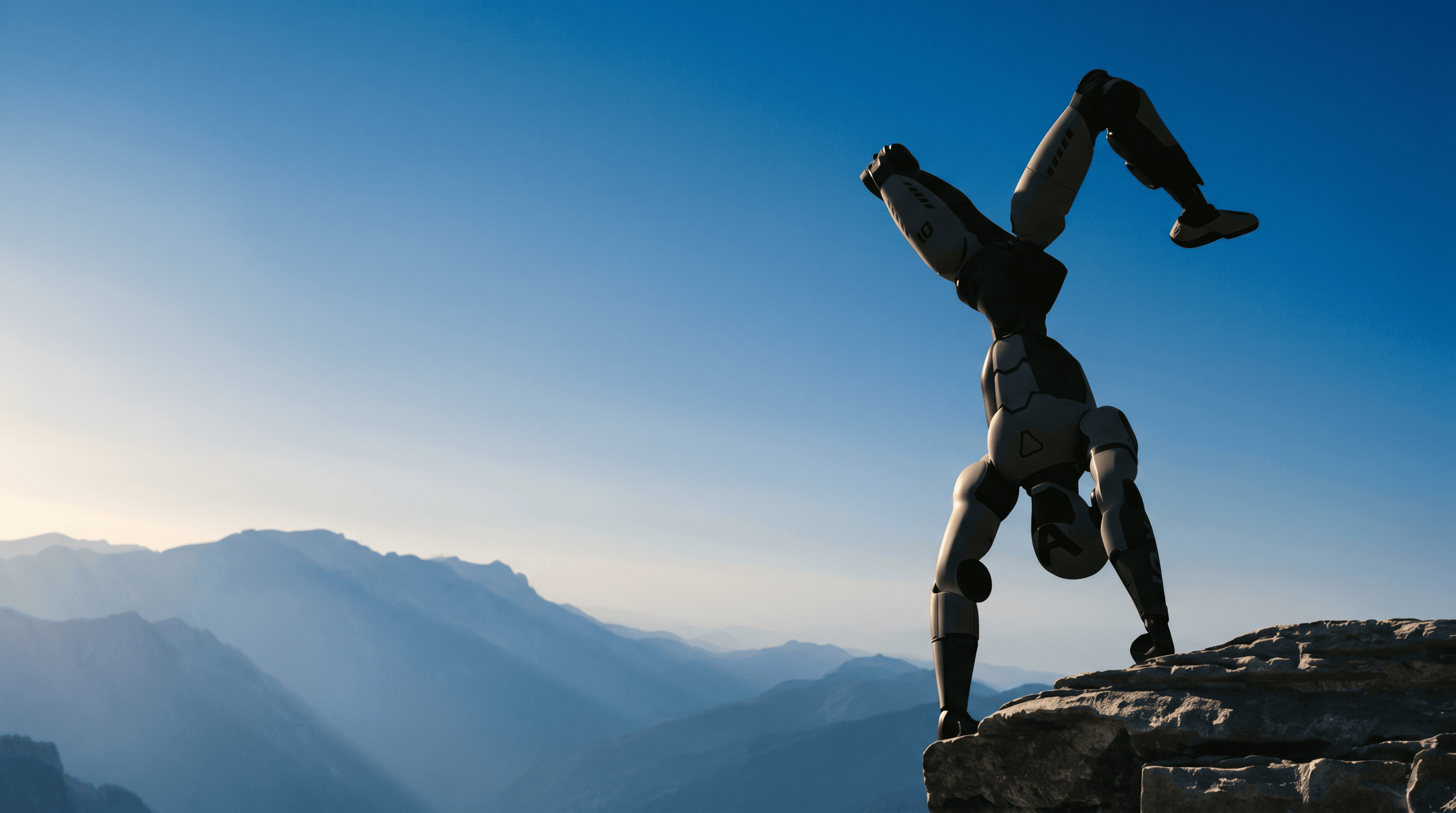 Unitree R1 humanoid in handstand pose on a cliff at sunrise