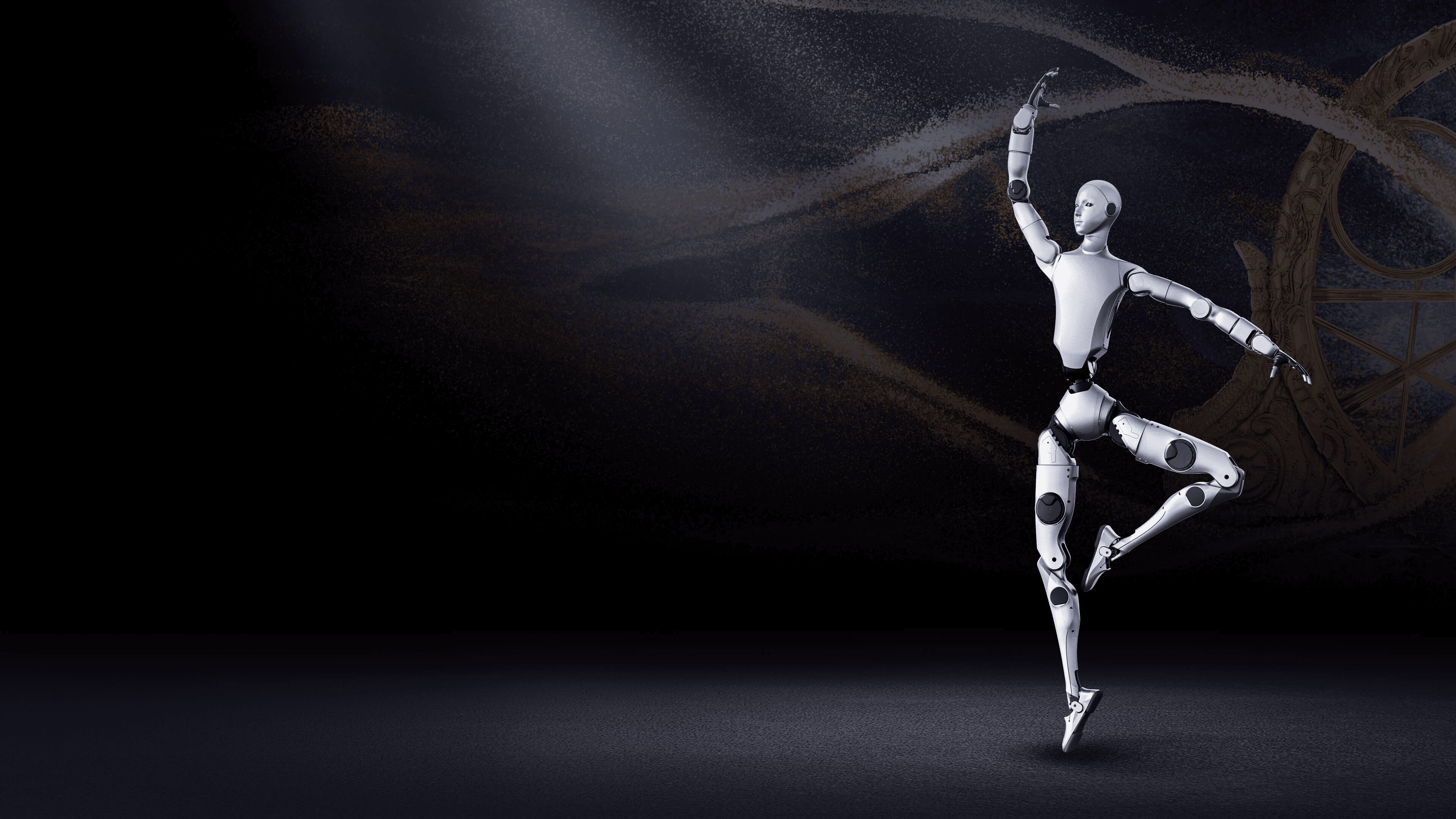 Unitree H2 humanoid mid-pose on a dark stage